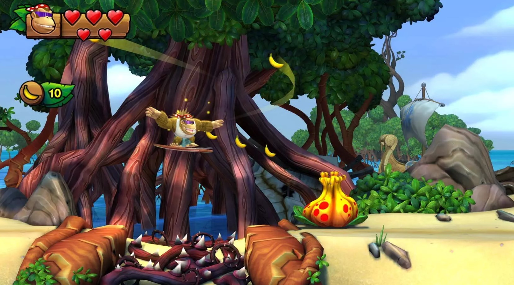 Screenshot of Funky Kong in a level of Donkey Kong Country Tropical Freeze