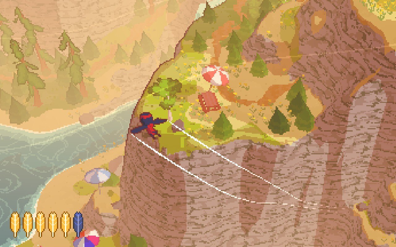 Screenshot of the protagonist of A Short Hike Claire flying near the beach