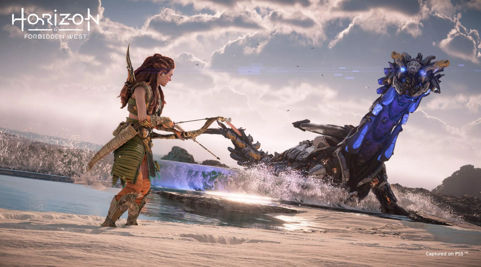 Horizon Forbidden West screenshot of Aloy hunting a machine lizard