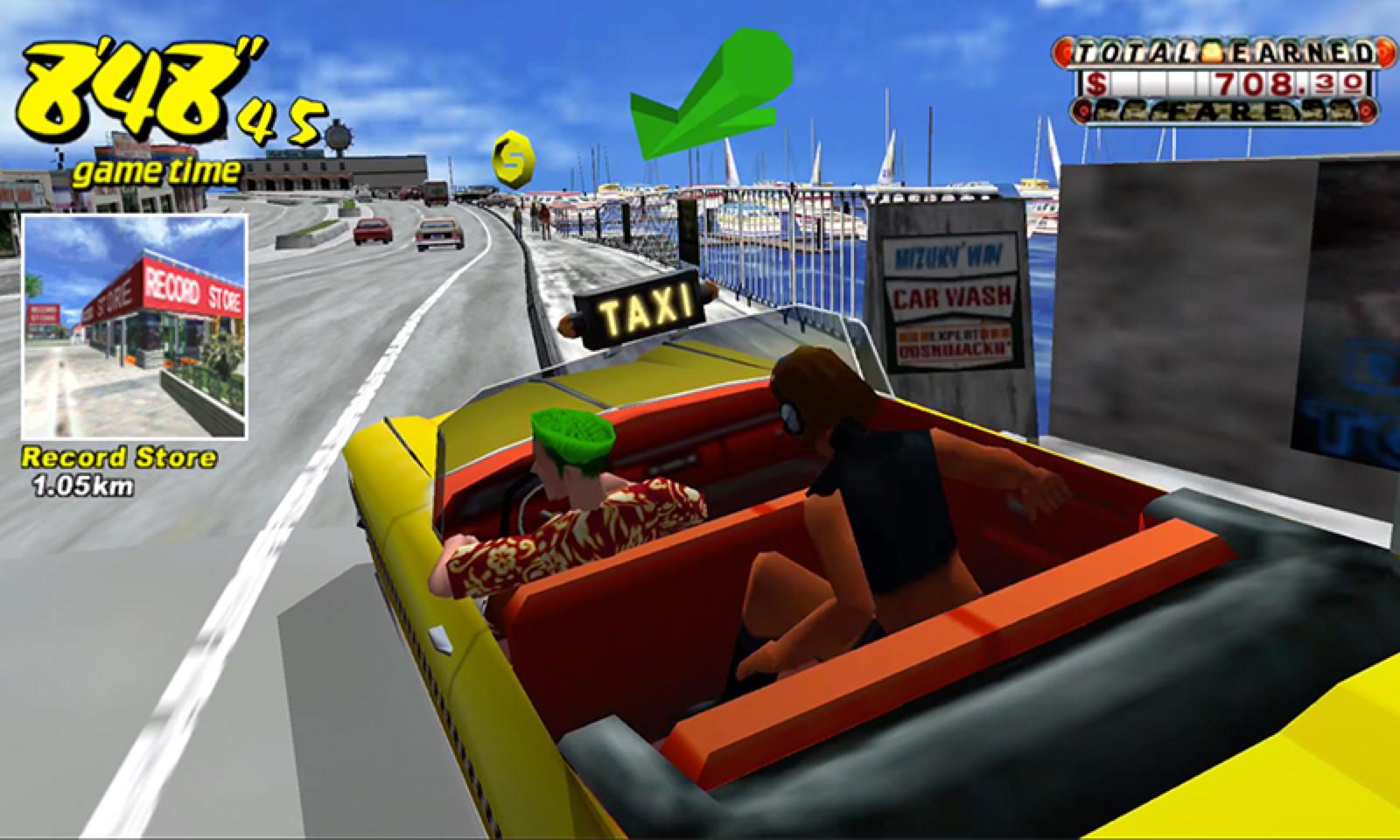 Screenshot of a Crazy Taxi from the back with passengers riding in there