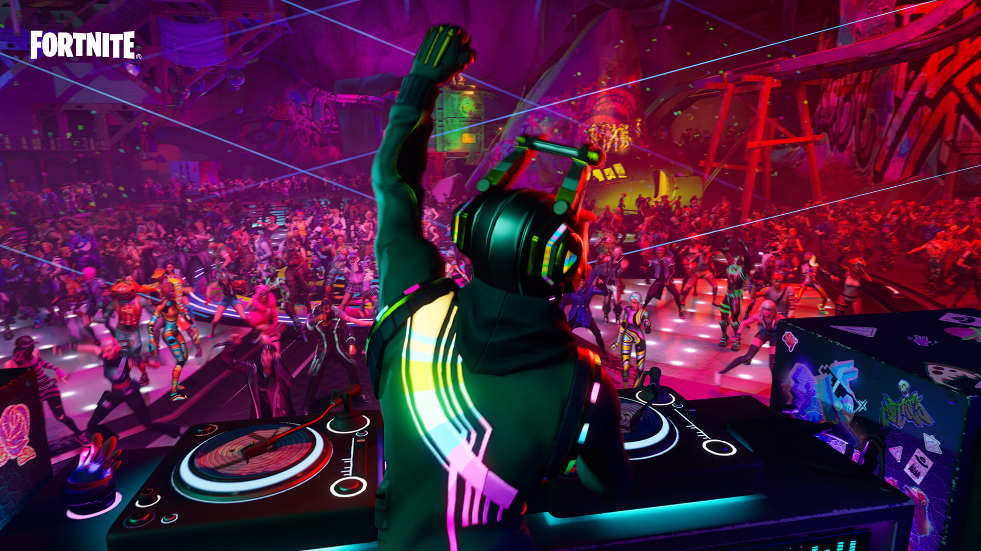 Screenshot of a DJ playing in the Fortnite rave club