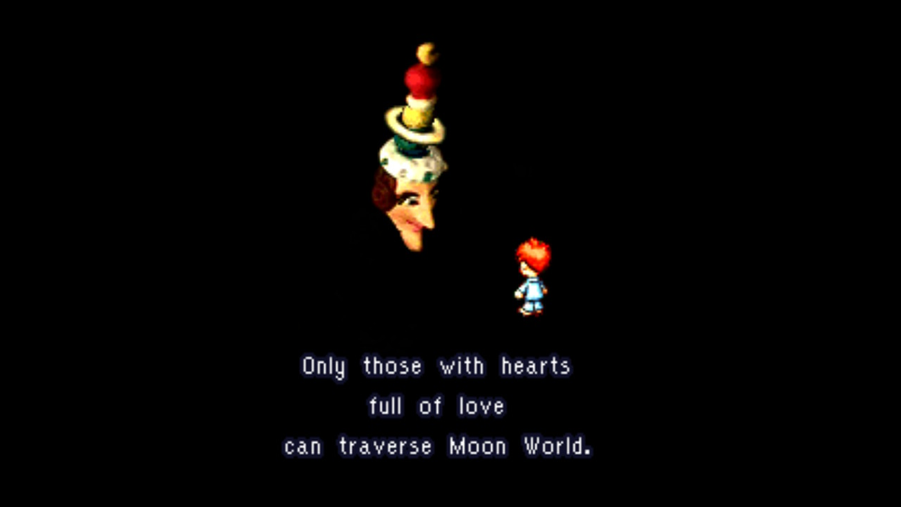 Screenshot from Moon of a giant head saying "only those with hearts full of love can traverse Moon World"