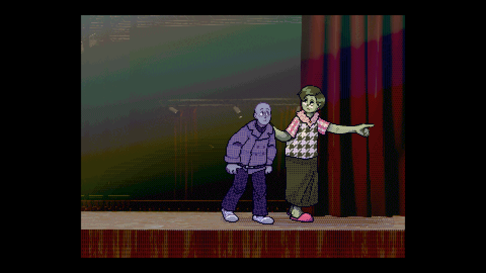 An Outcry screenshot of the characters exiting stage left