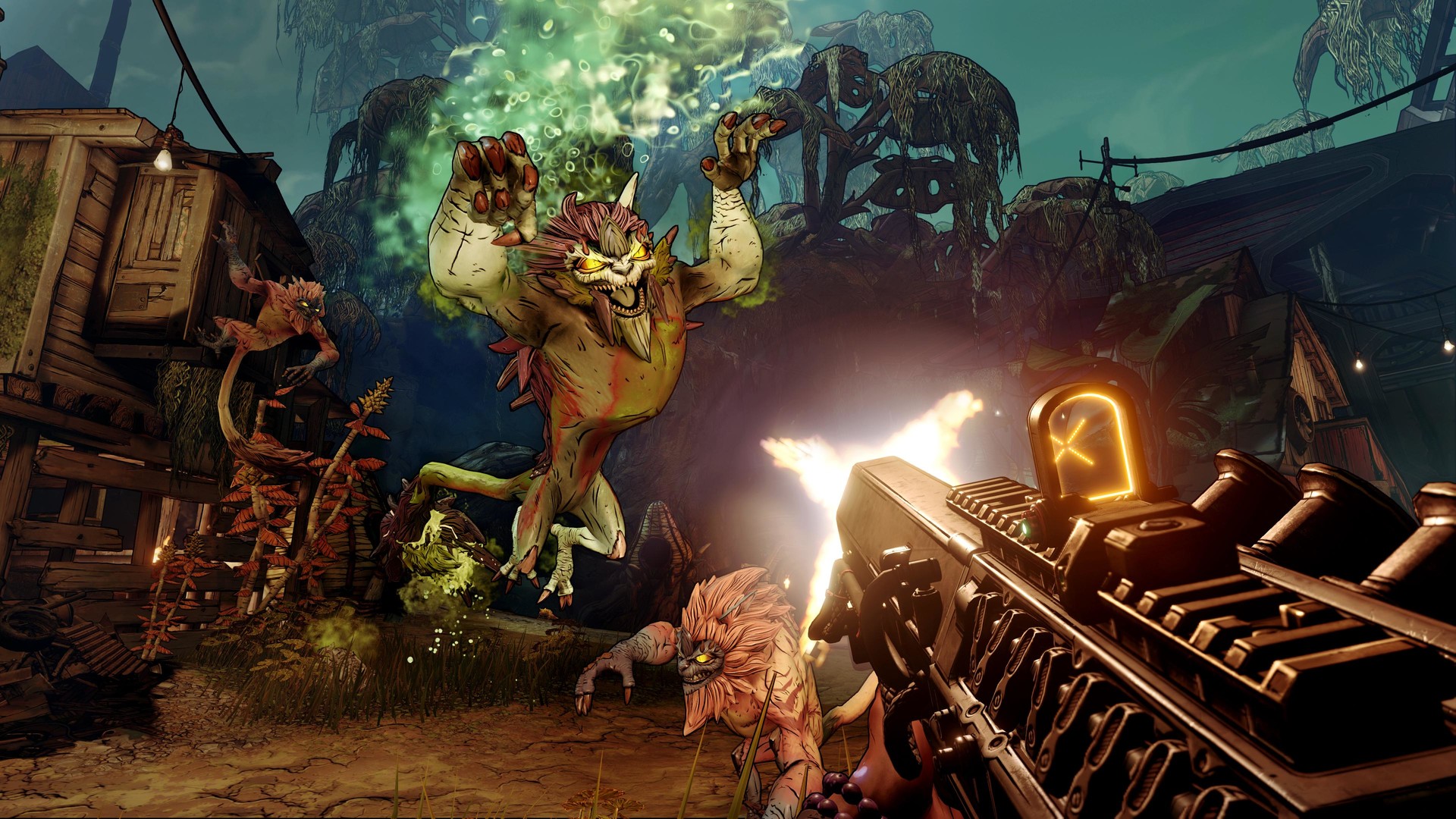 Borderlands 3 screenshot in a first person pov of the player shooting a gun at monsters