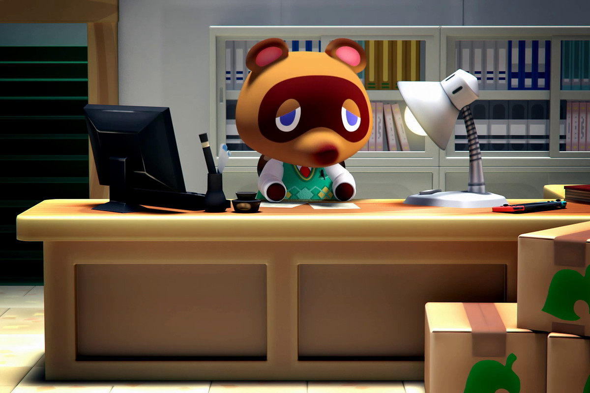 Tom Nook from Animal Crossing sitting at his office desk