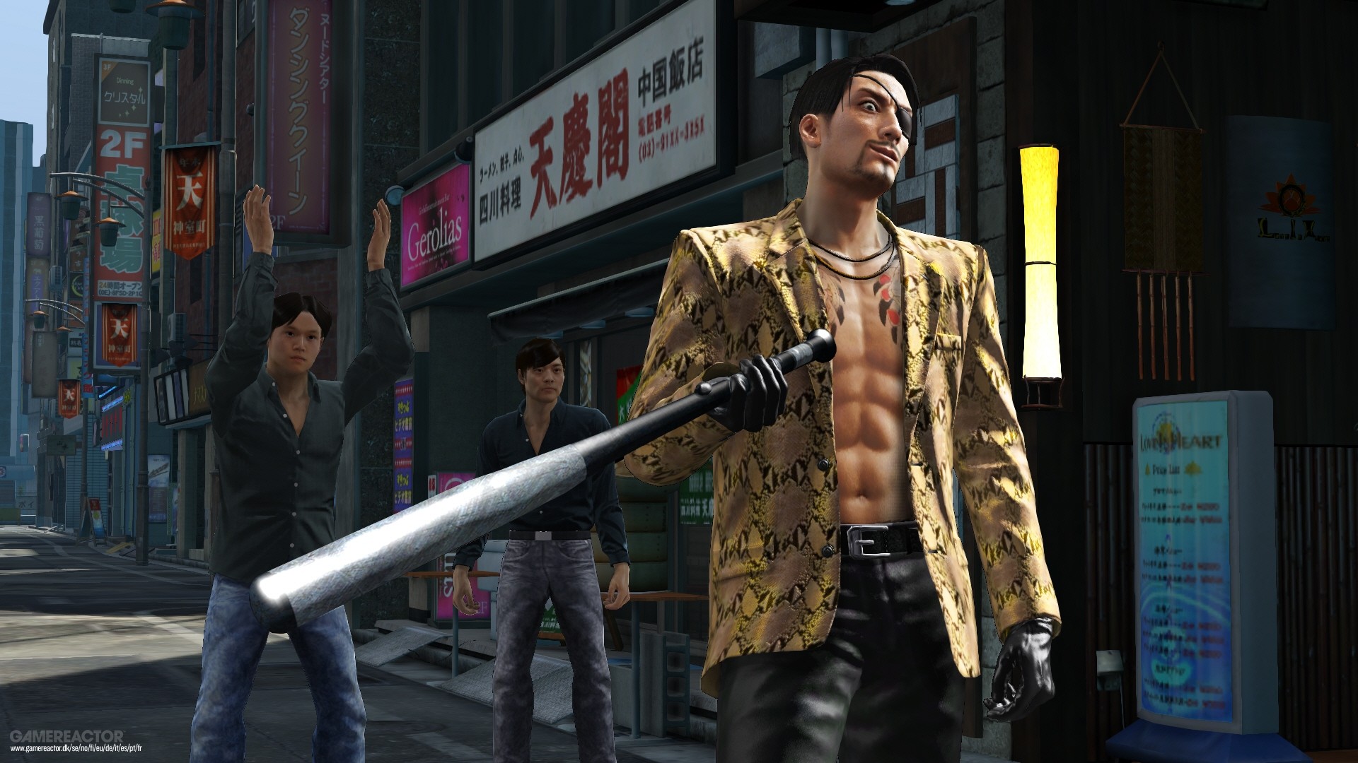 Majima in Yakuza 6 wearing a gold suit jacket, no shirt, and holding a metal bat