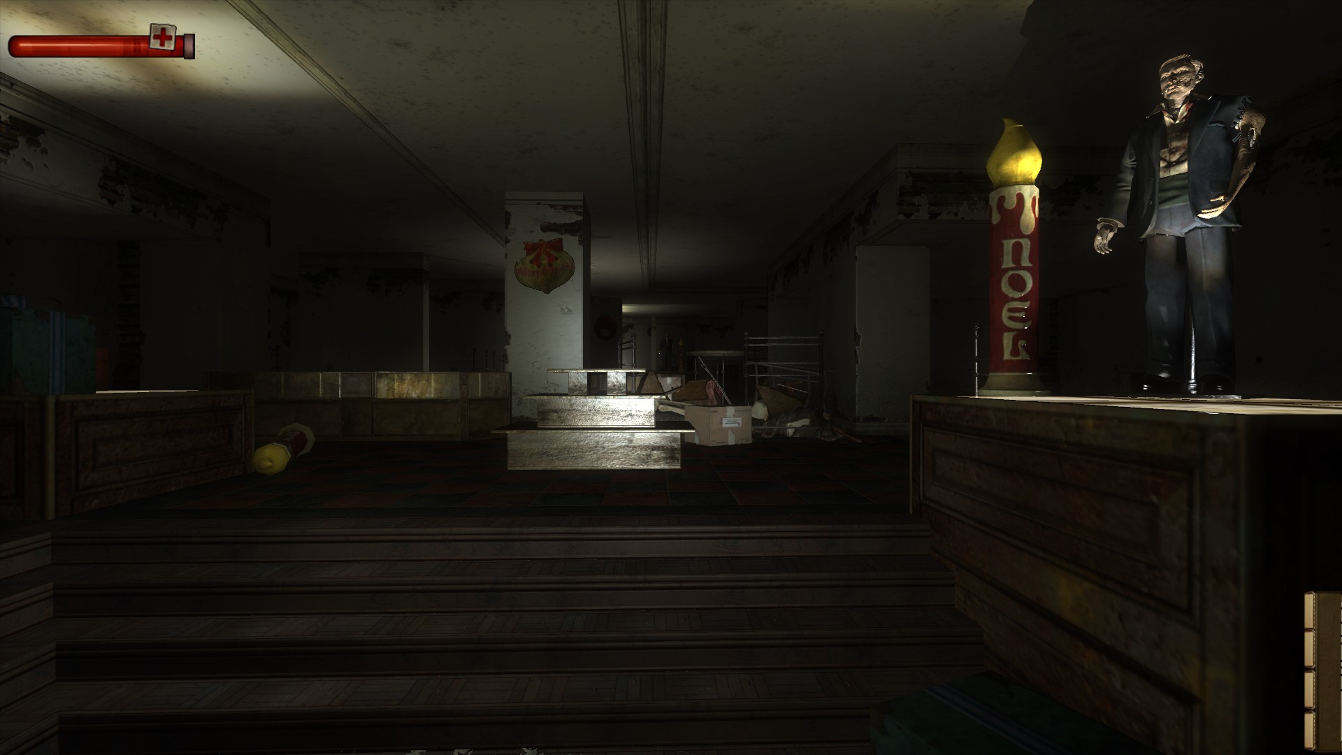 Screenshot of the abandoned department store with derelict Christmas decorations
