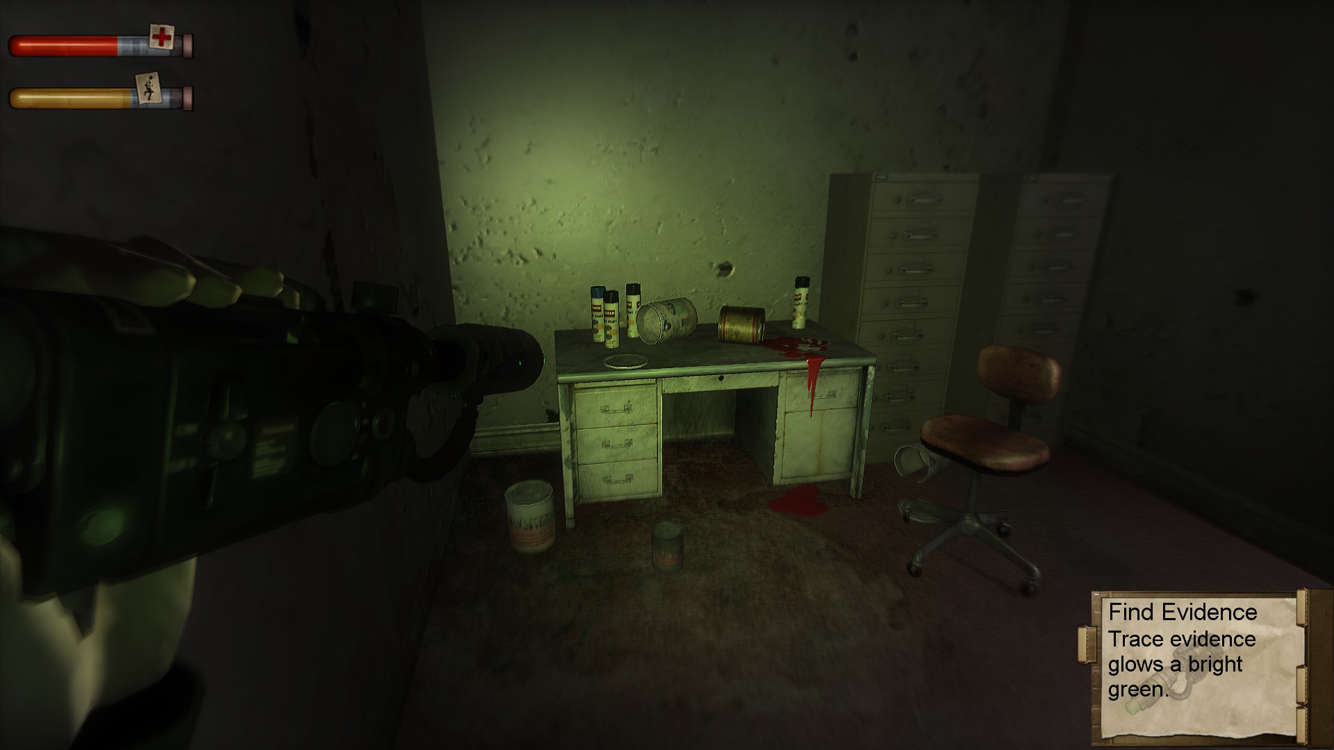 Screenshot of a desk covered in spray pain bottles and spilled red paint