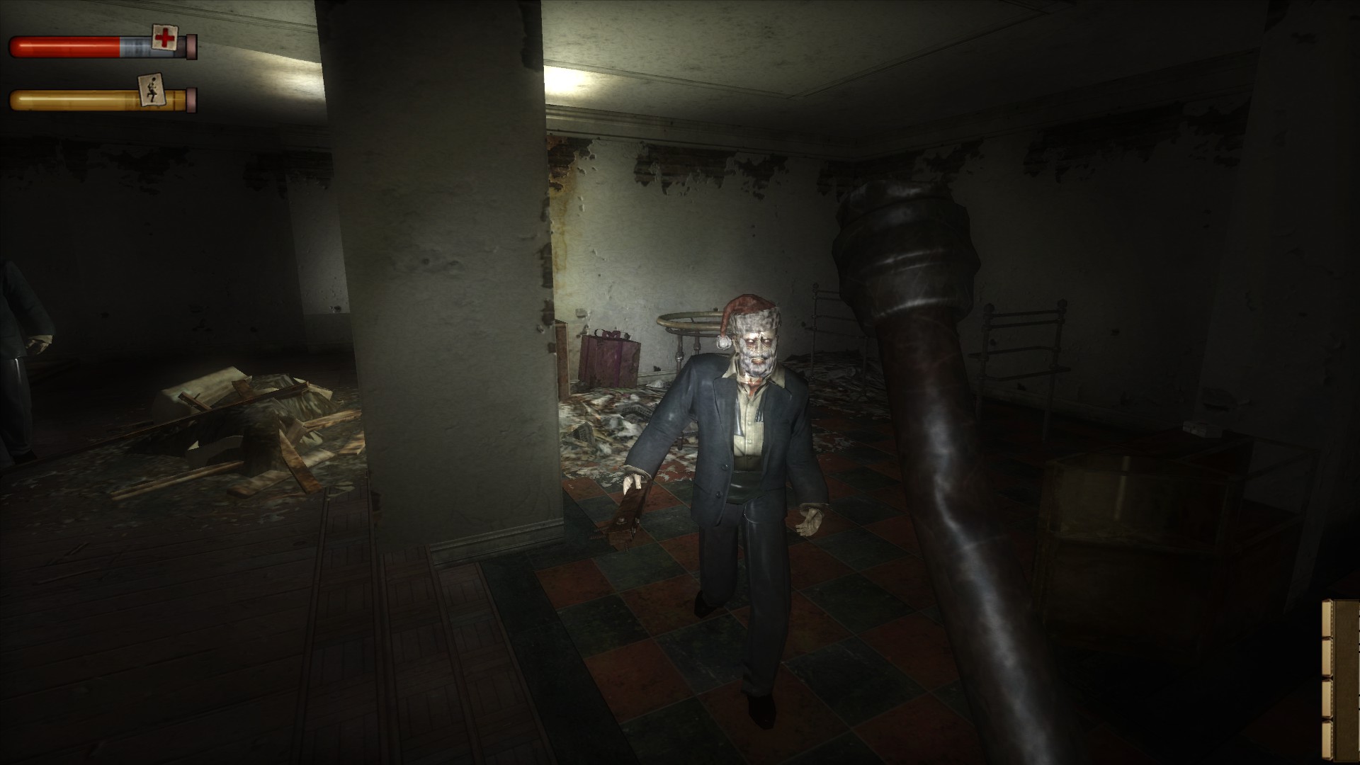 Screenshot of an enemy in Condemned wearing a santa hat