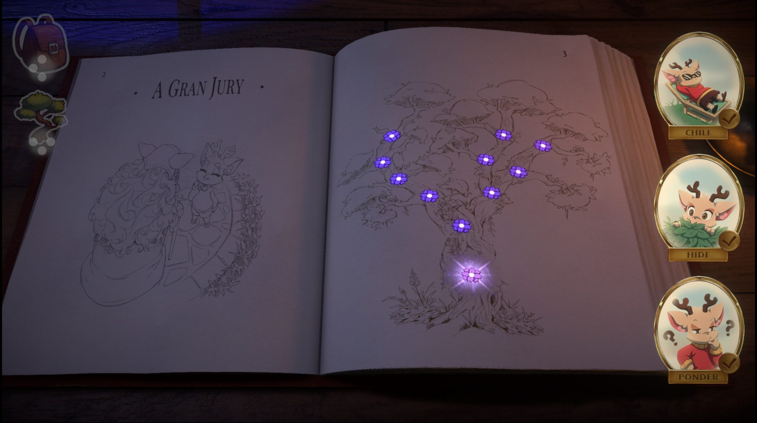 Screenshot of the story book in Beacon Pines with different nubs on the branches glowing purple