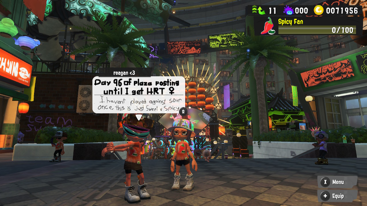 Screenshot of someone's Splatoon 3 lobby message that says "day 96 of plaza posting until I get hrt"