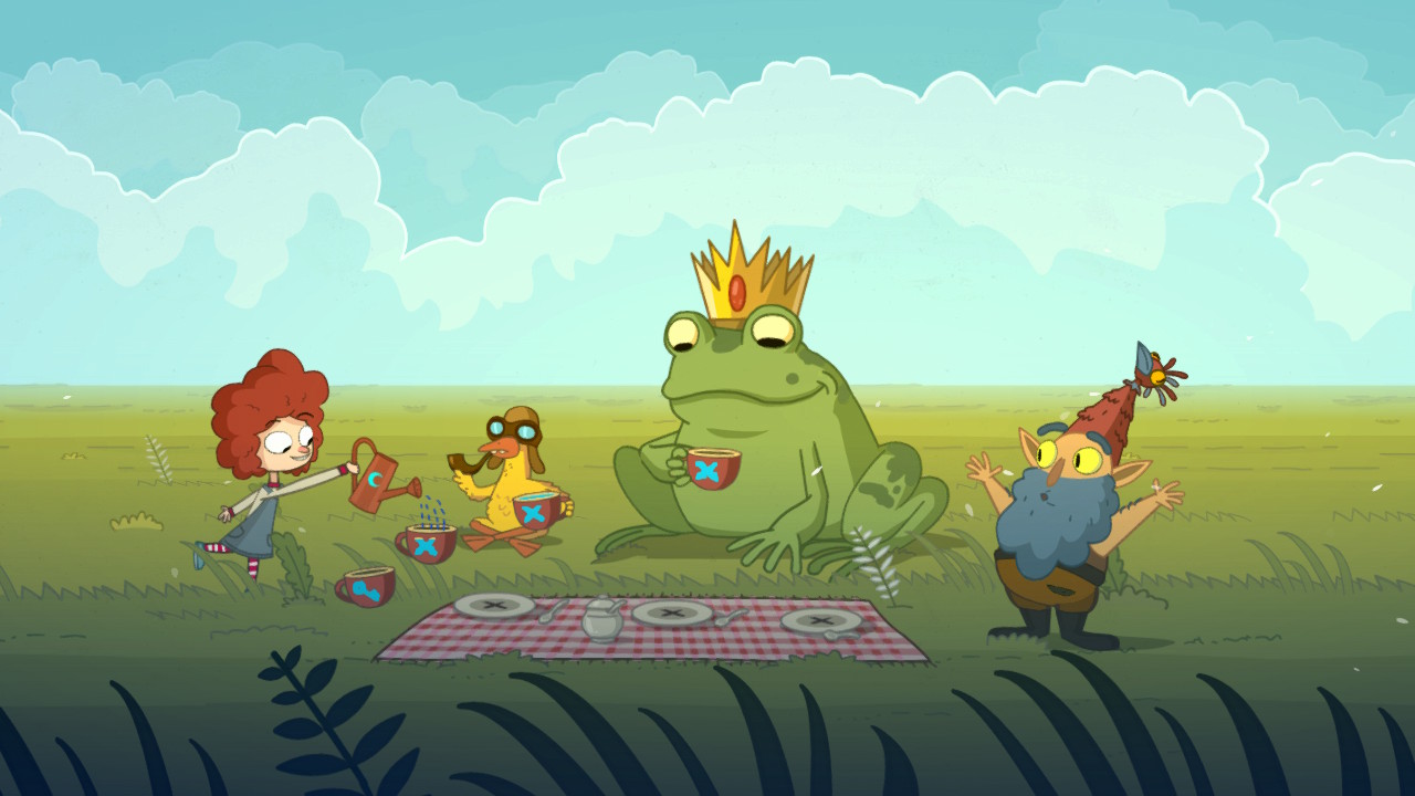 Screenshot of Gal holding a tea party with a frog in a crown and a gnome