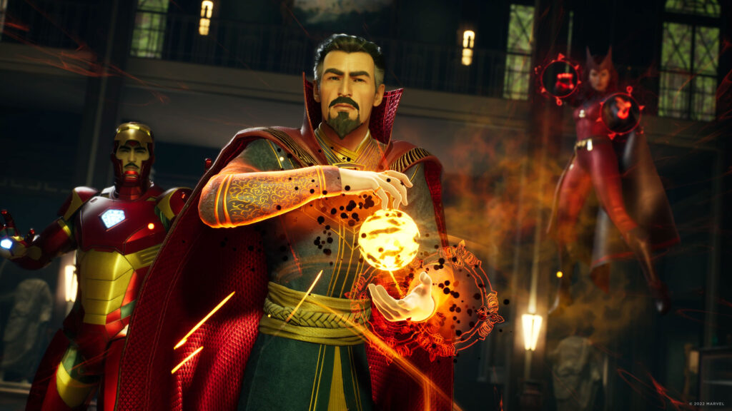 Marvel's Midnight Suns screenshot of Iron Man (left), Doctor Strange (middle) and the Scarlet Witch (right)