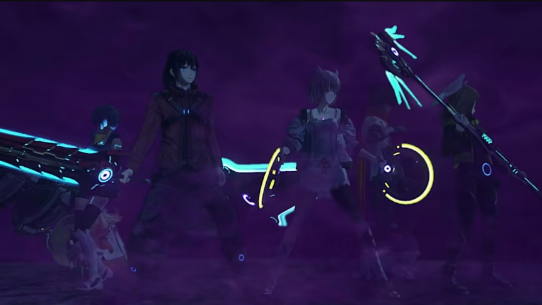 Screenshot of five XC3 characters standing against a dark purple background with their glowing weapons out