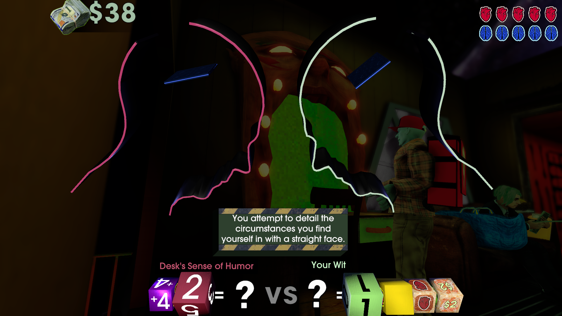 Screenshot of Betrayal at Club Low of the player character trying to explain something to another character with a dice roll