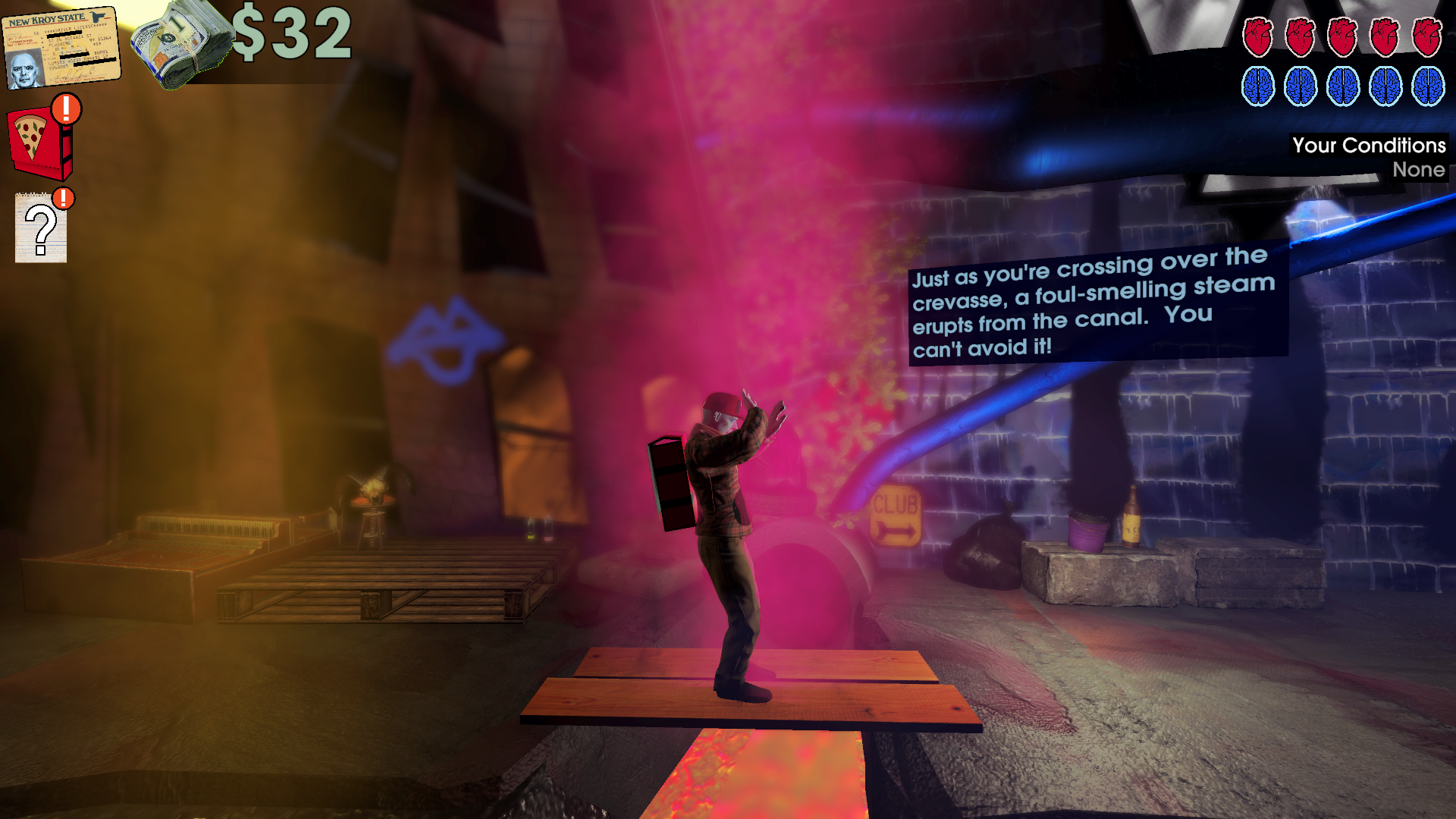 Screenshot of the player character encountering a smelly crevasse
