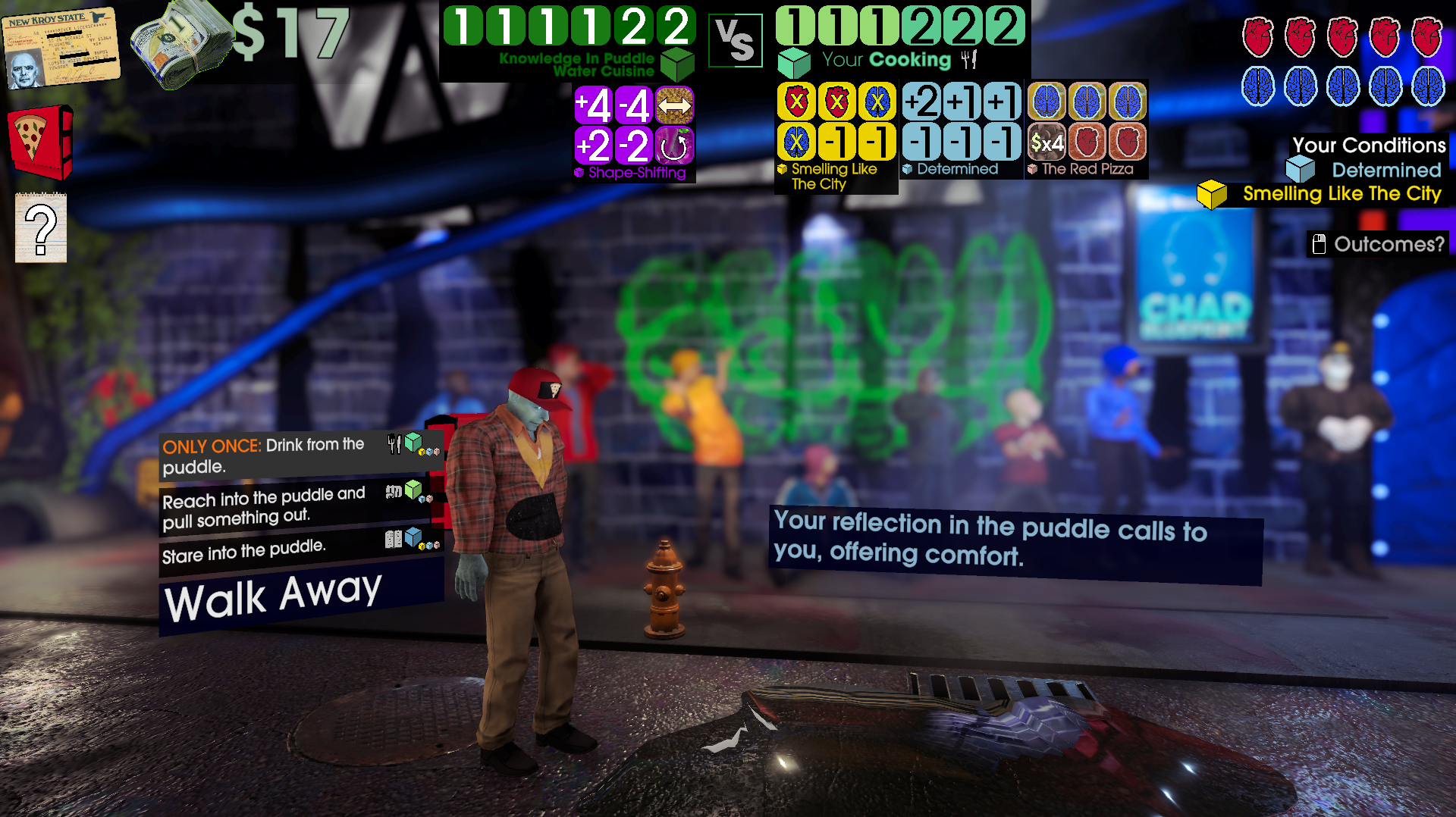 Screenshot of the player character being presented with the option to drink from a puddle