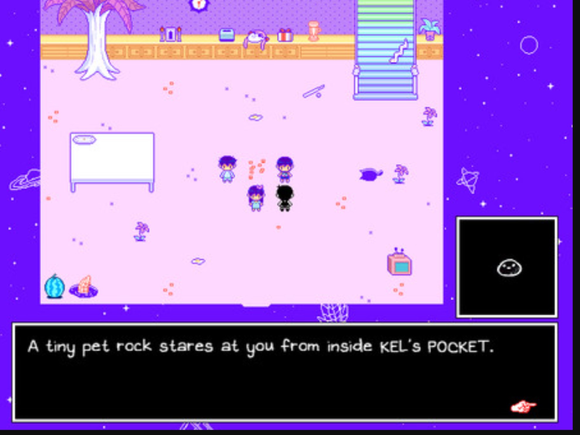 Omori screenshot of the cast in a pastel room