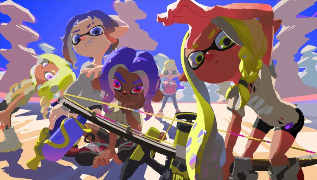 Splatoon 3 official art of a group of inklings looking at the camera with clouds in the background