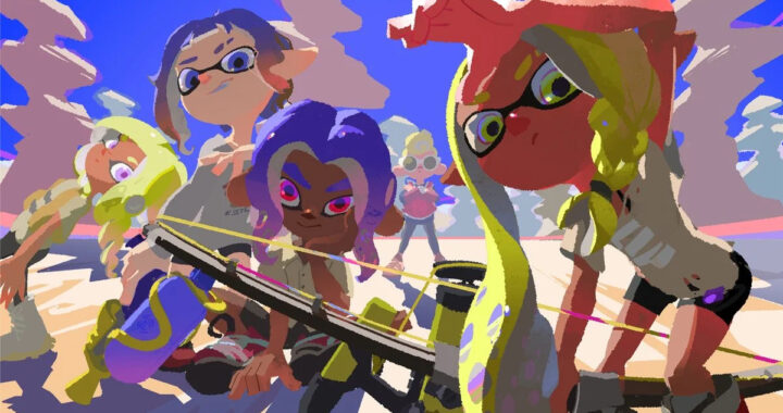 Splatoon 3 official art of a group of inklings looking at the camera with clouds in the background
