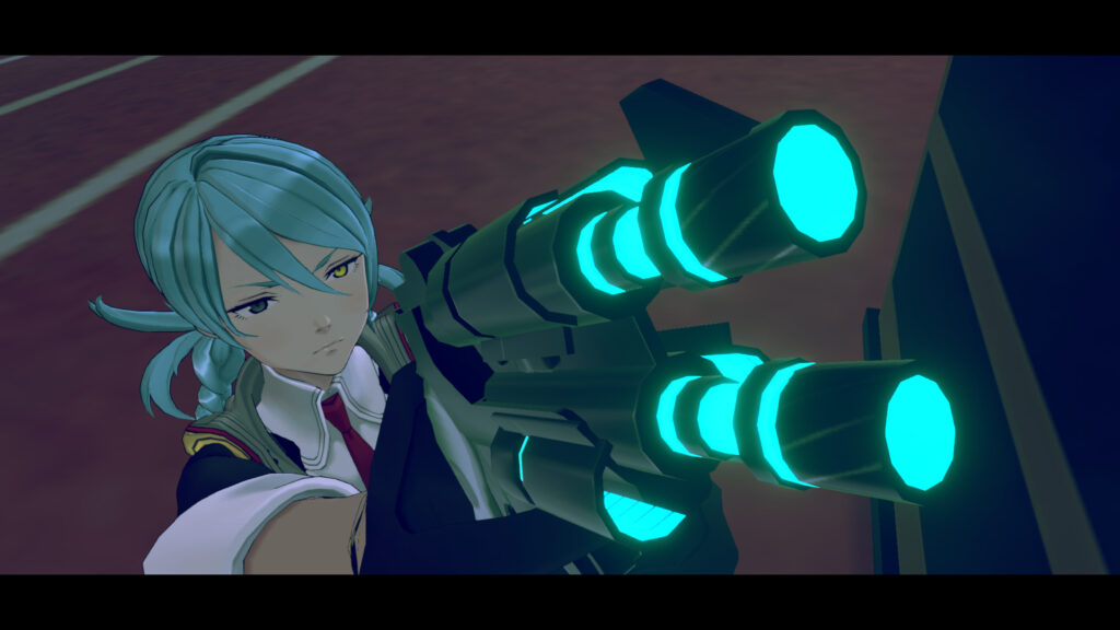 Screenshot of Mizuki pointing a glowing blue gun at the camera