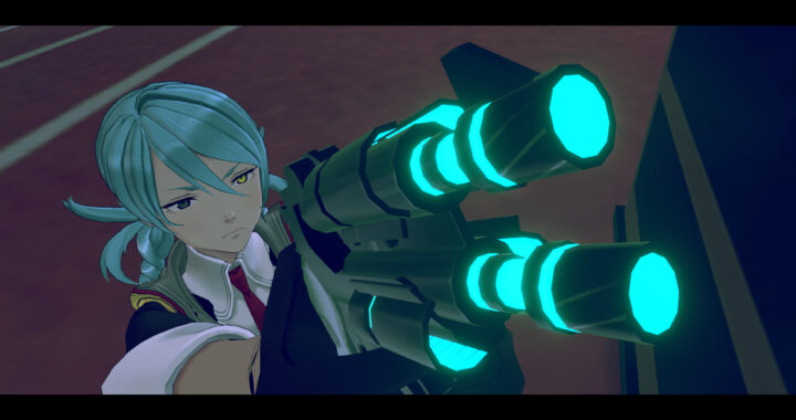 Screenshot of Mizuki pointing a glowing blue gun at the camera