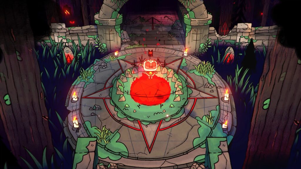 Screenshot of Cult of the Lamb of the lamb standing in a pentagram with glowing red eyes