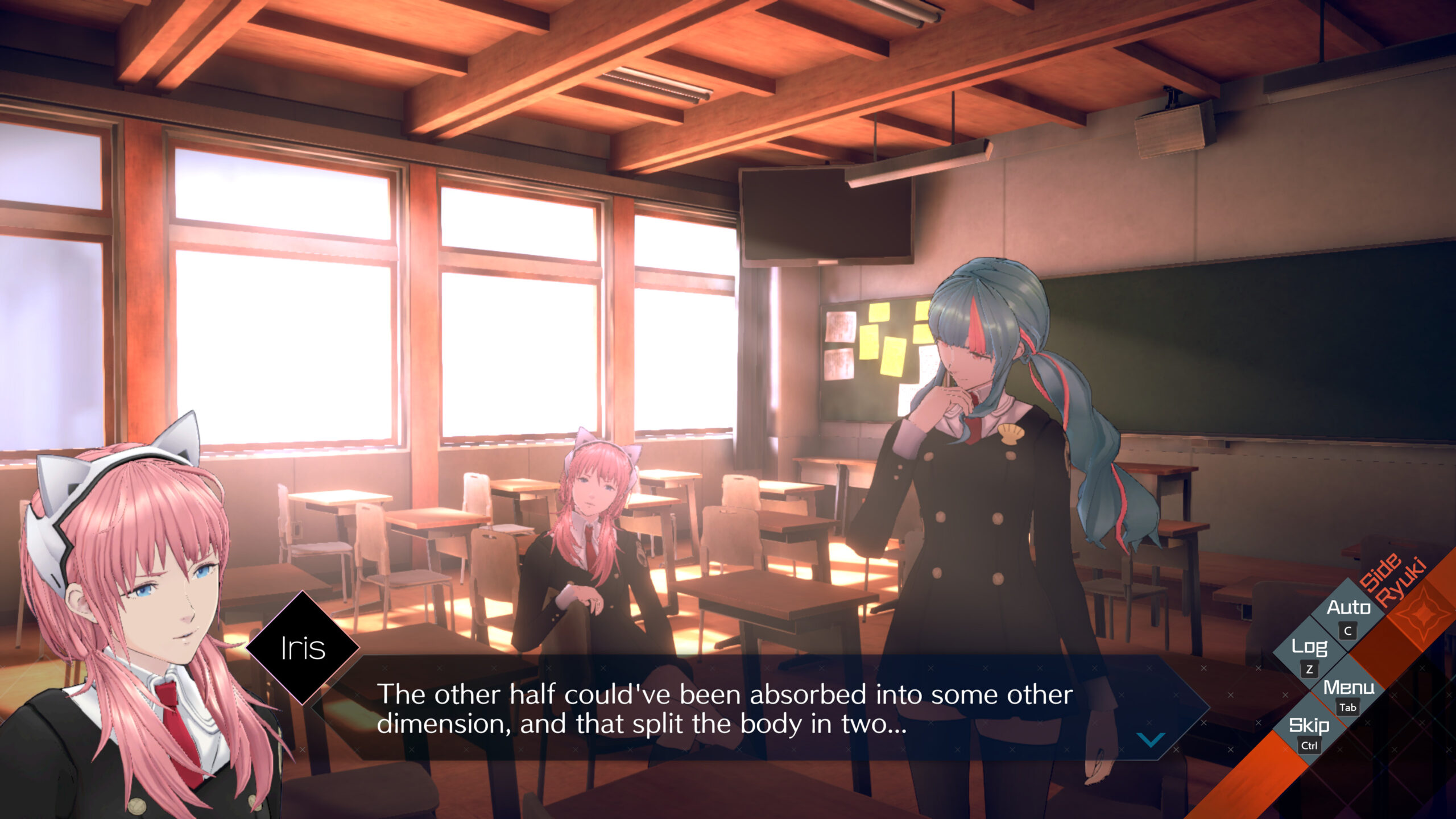 Screenshot of Iris saying "the other half could've been absorbed into some other dimension, and then split the body in two