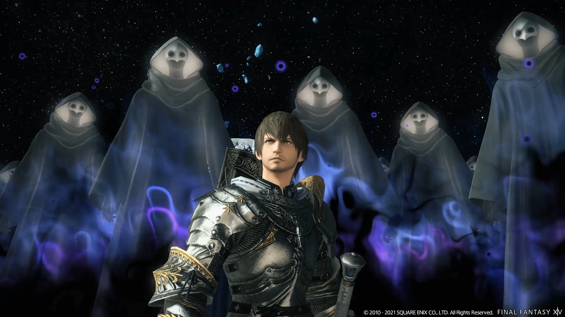 Final Fantasy XIV Endwalker screenshot of an armored man with dark hair standing in front of a dark background with hooded figures behind him