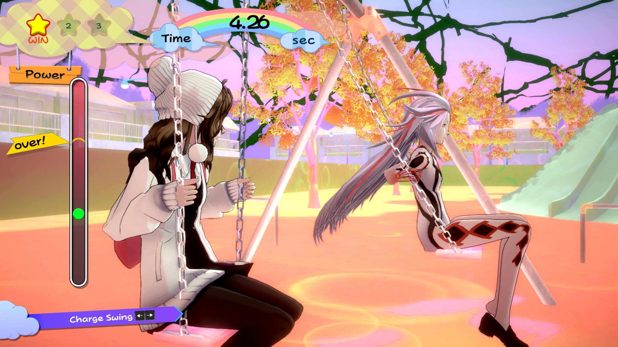 Screenshot of Aiba and Kizuna on a swing set inside a psync