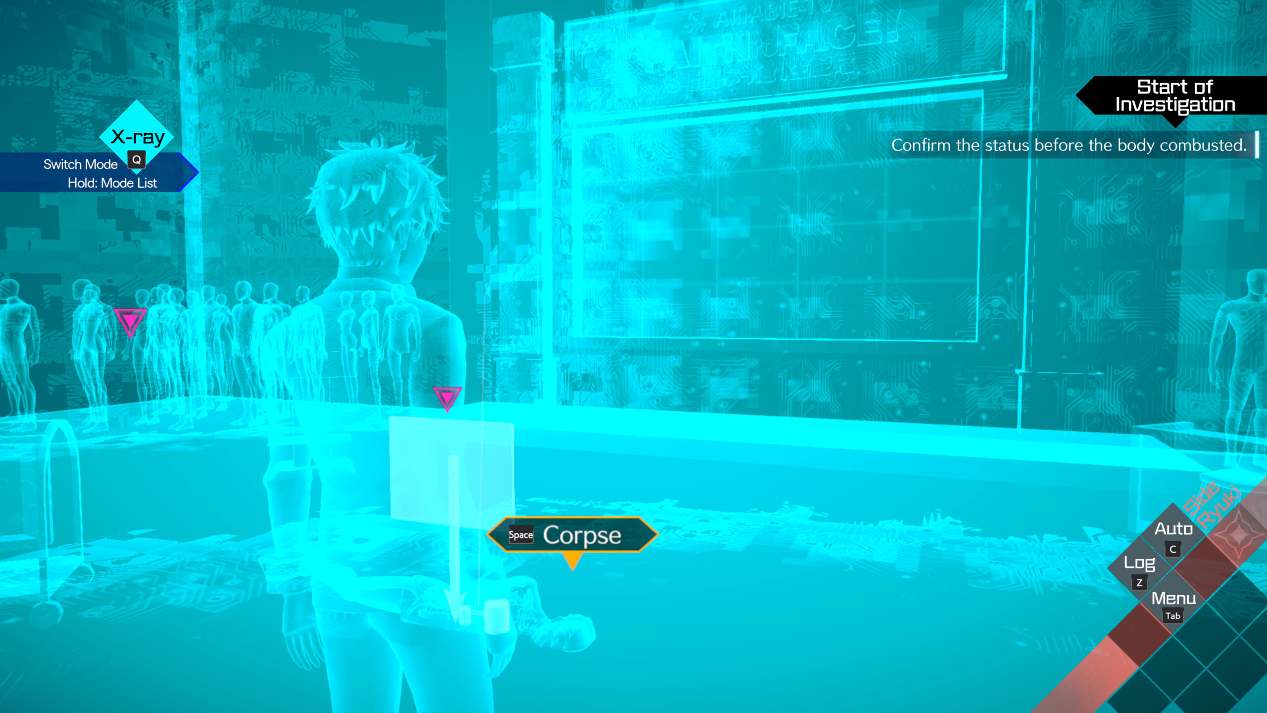 Screenshot of Ryuki looking at a body during a psync
