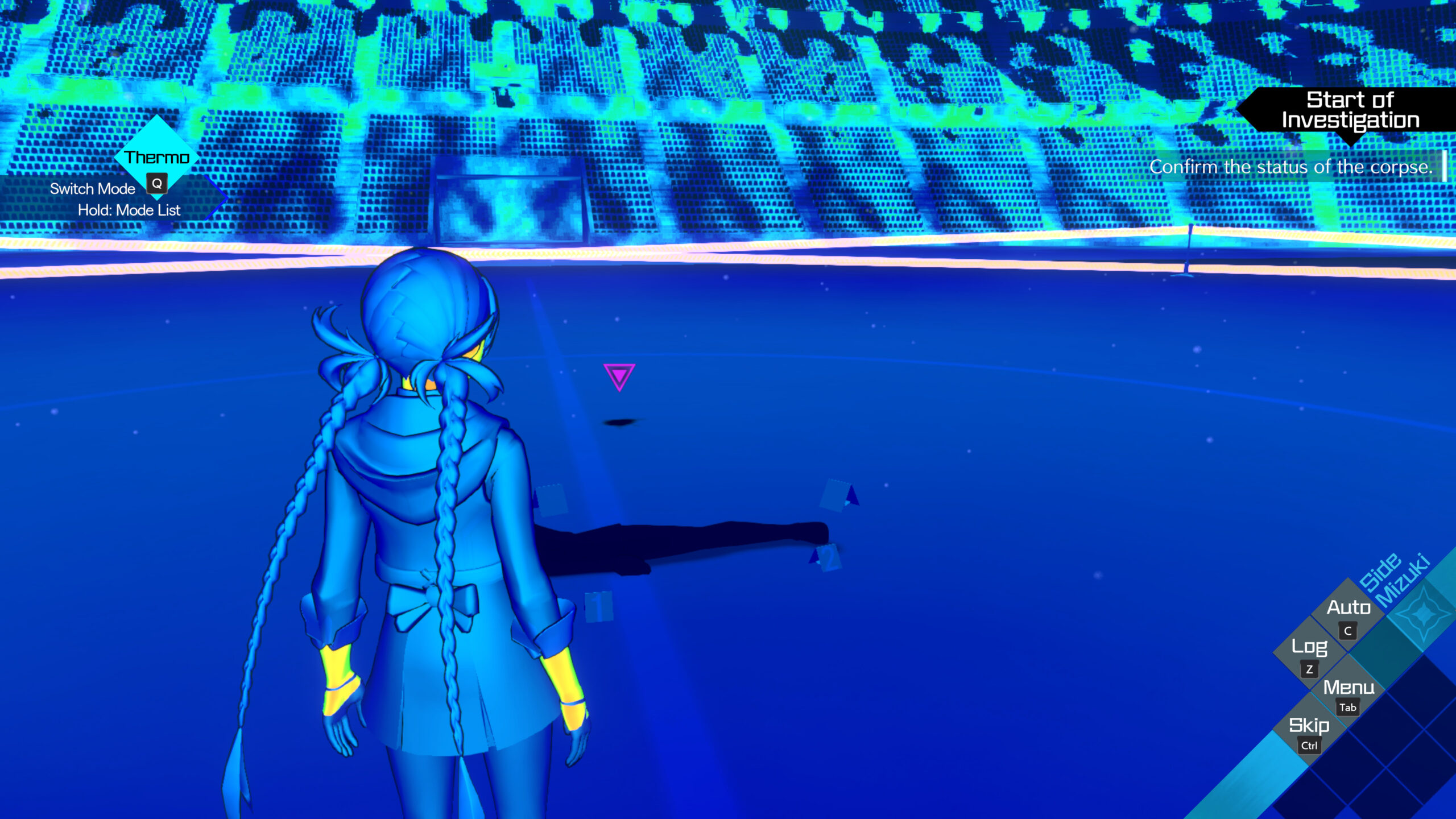 AI Somnium Files Nirvana Initiative screenshot of Mizuki using thermal vision in an investigation