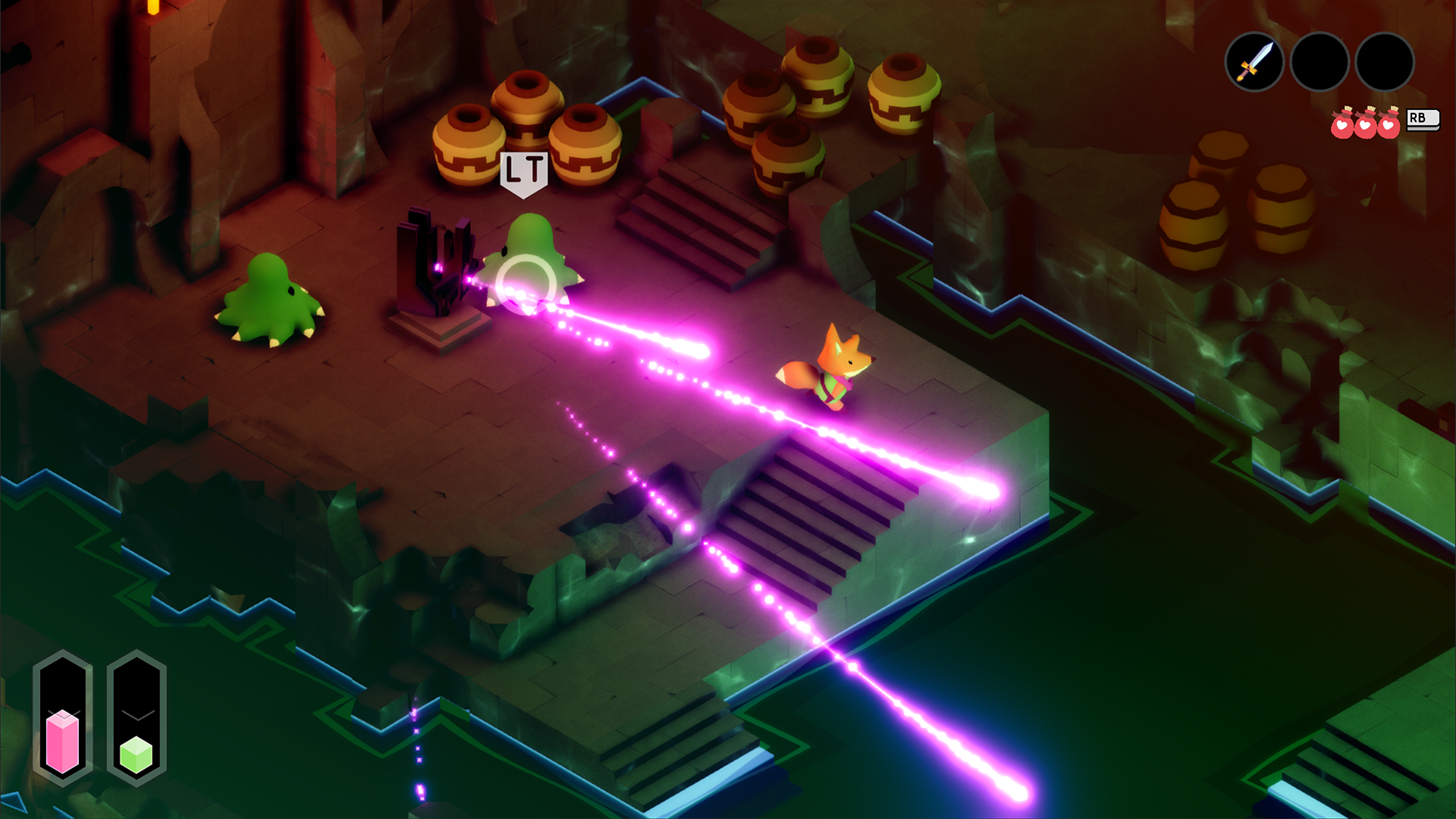 Screenshot of the fox in Tunic running to avoid lasers