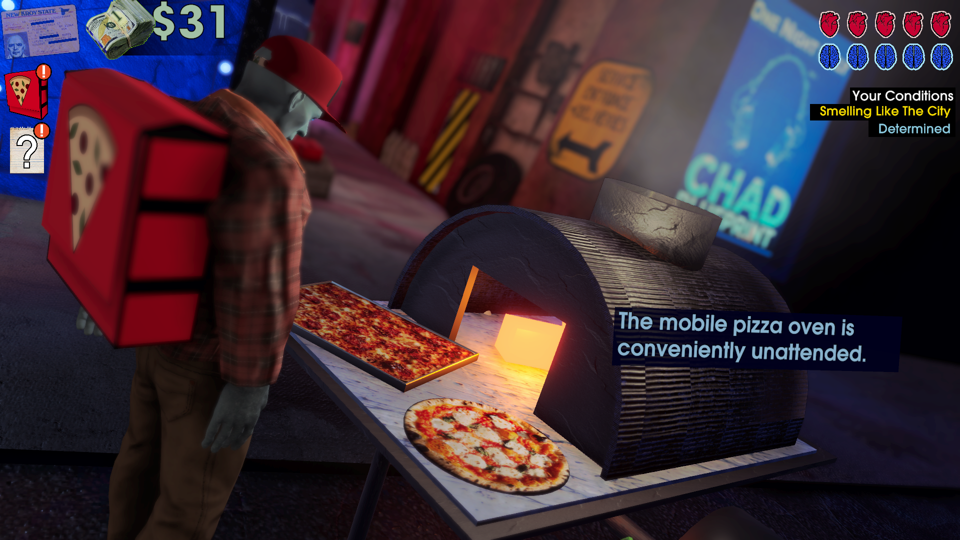 Screenshot of the player character finding an unattended mobile pizza oven