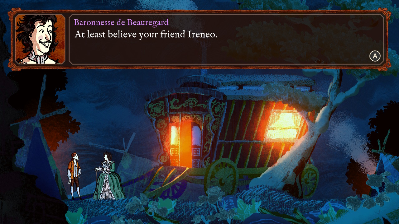 Screenshot of the baronesse telling the main character to trust Ireneo