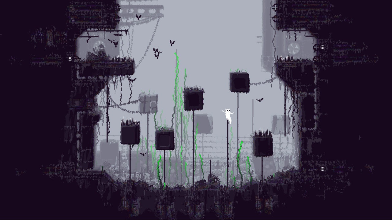 Rain World screenshot of the slugcat in a black and white area climbing vertical poles in a ditch