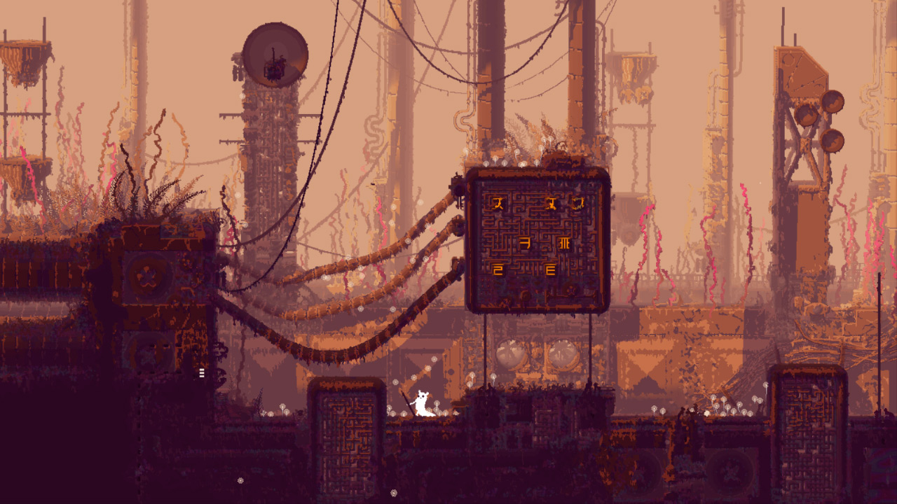 Slugcat holding a spear and platforming through an industrial looking area