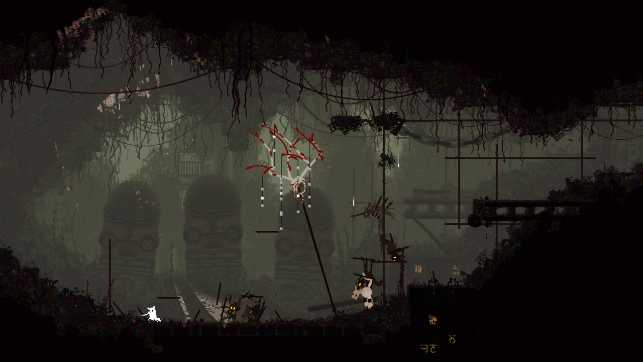 Screenshot of a dark area with scaffolding where the slugcat is fleeing from enemies
