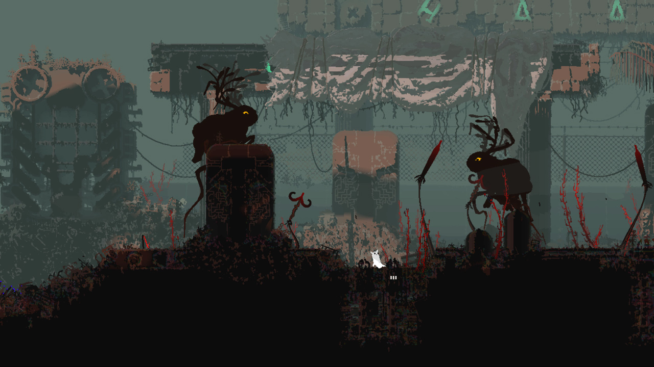 Rain World screenshot of the slugcat sitting in a dark landscape of mostly brown red and gray with what look like rabbits or jackalopes on pillars
