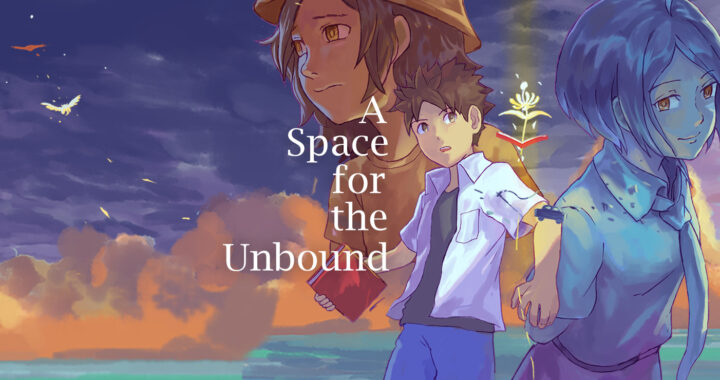 A Space for the Unbound cover art featuring Nirmala (left), Atma (middle) and Raya (left)