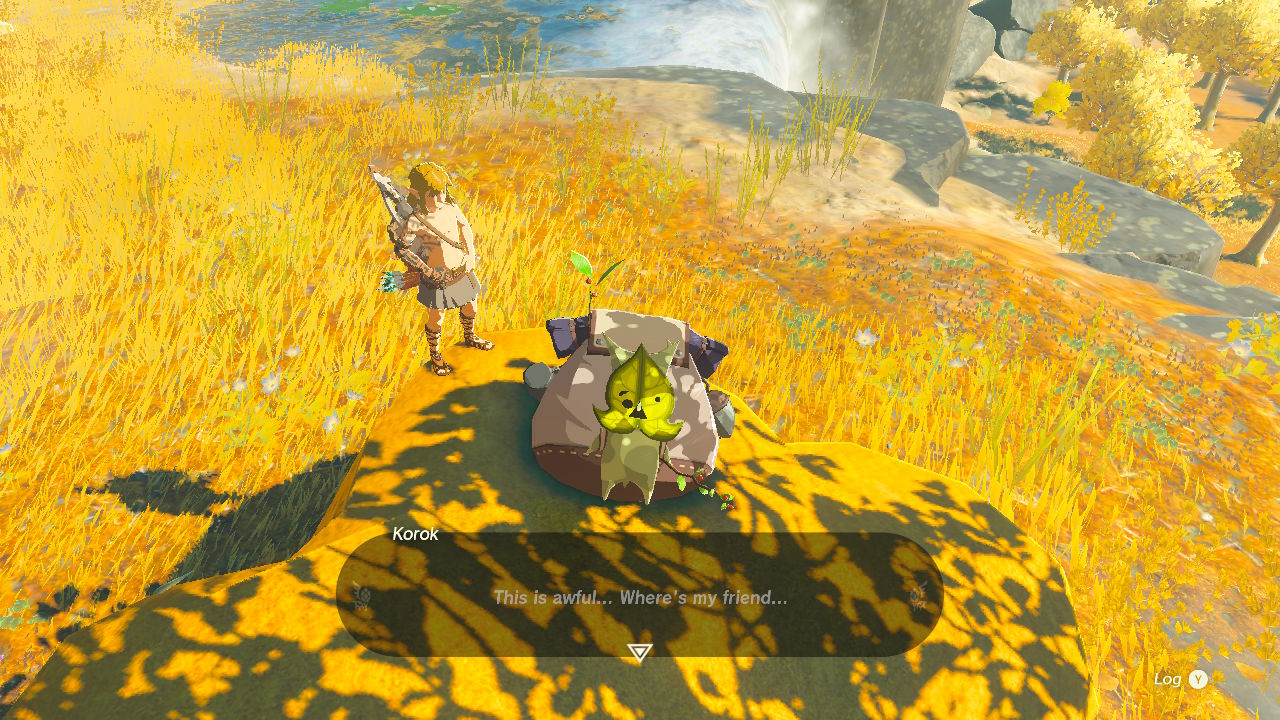 TOTK screenshot of Link looking at a Korok that is saying "This is awful... where's my friend..."