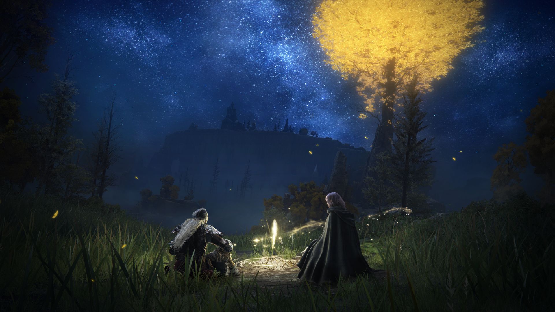 Elden Ring screenshot of Melina and the Tarnished sitting next to a site of grace at night
