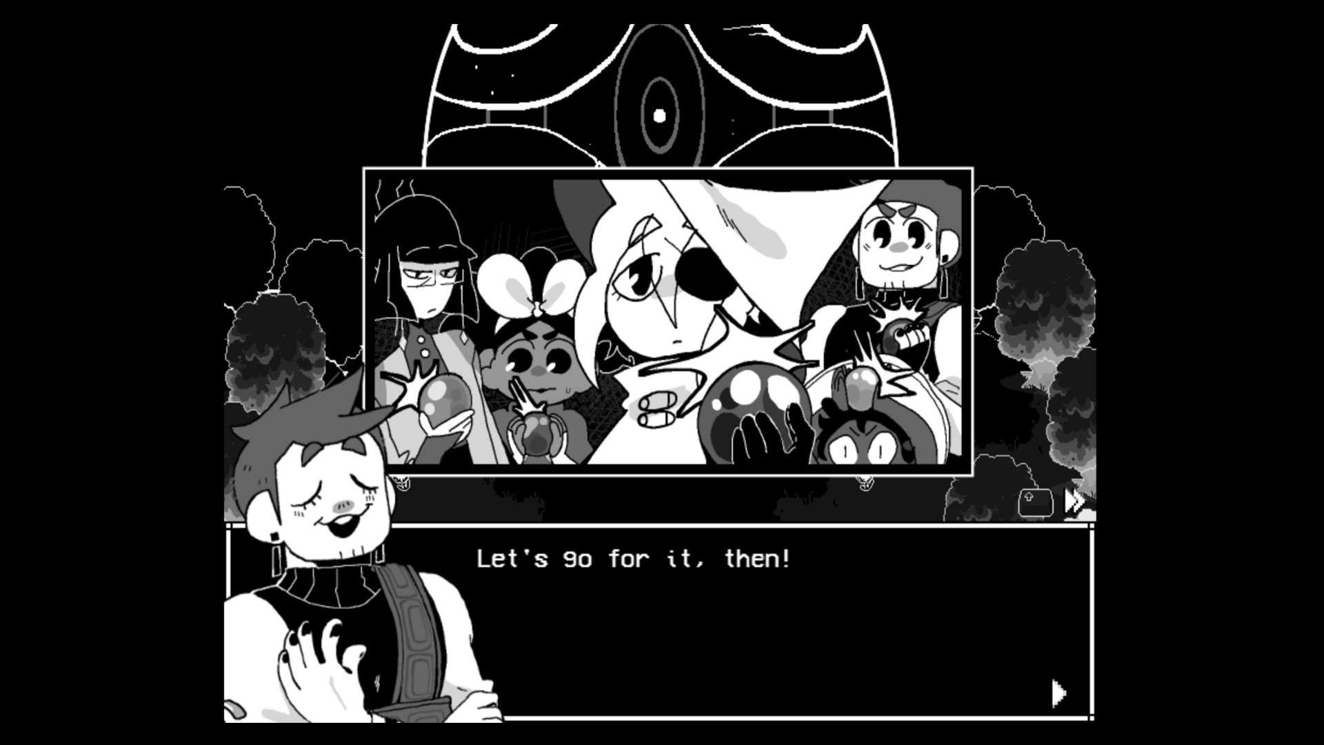 Screenshot of the In Stars and Time cast with dialogue that says "let's go for it, then!"