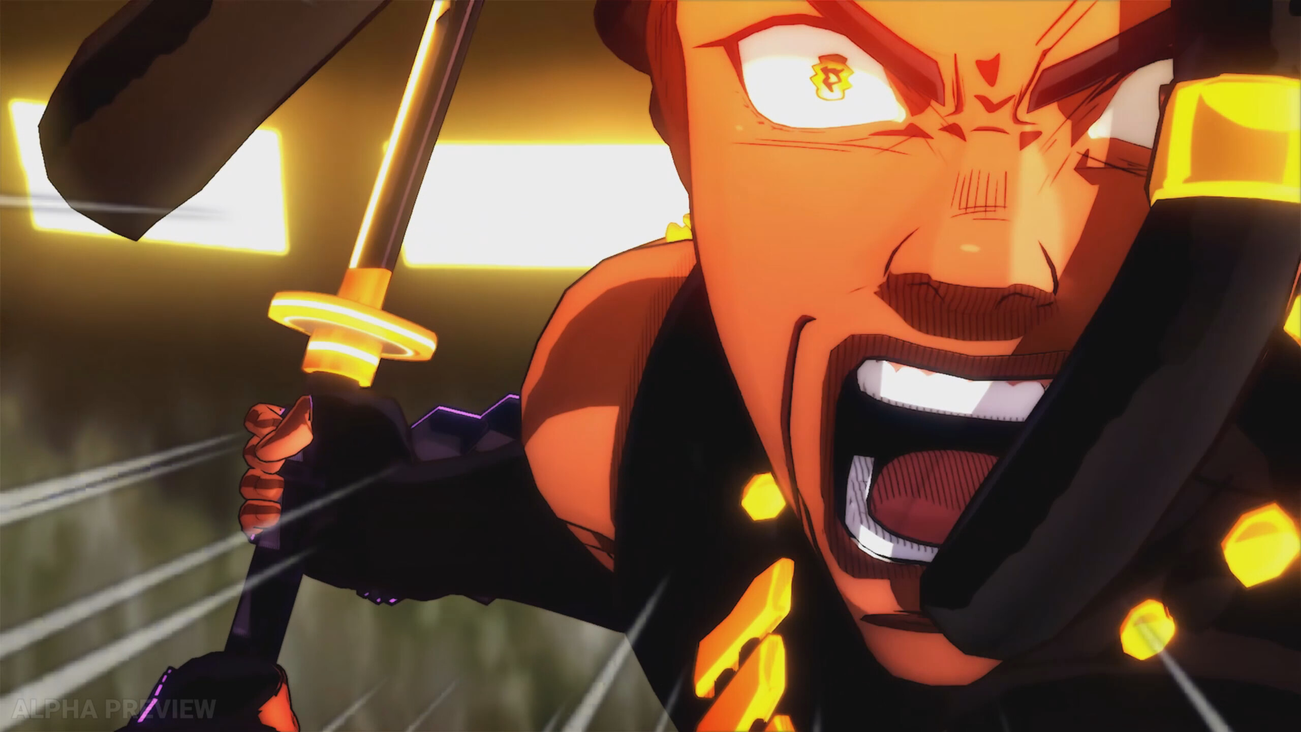 Screenshot of Yasuke screaming and running at the camera with a sword drawn