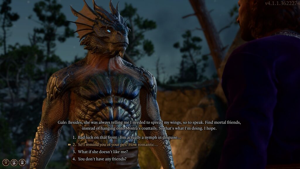 Screenshot of Tav the Dragonborn talking to Gale the Wizard and saying "So I remind you of your pet. How romantic..."