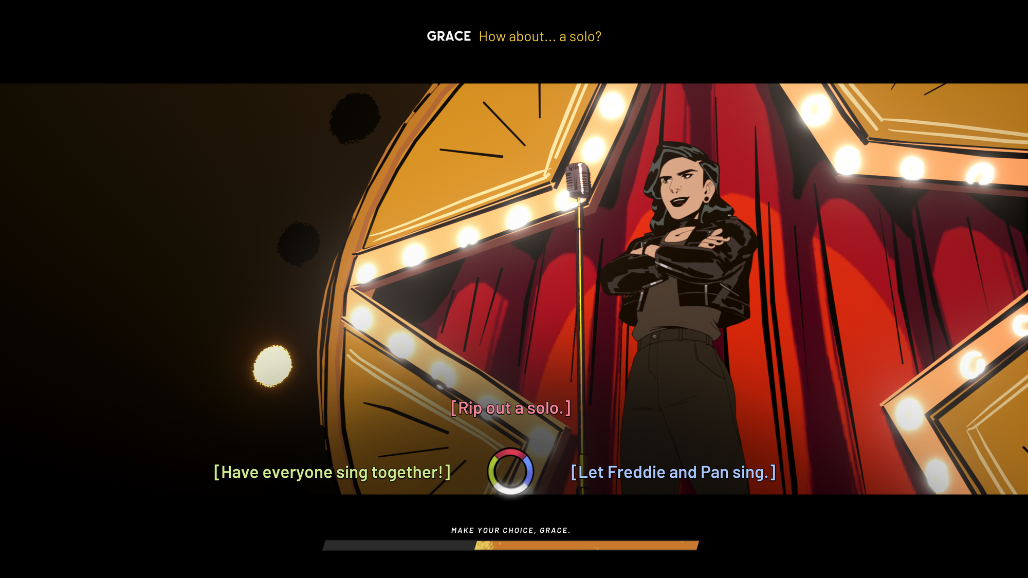 Grace, the protagonist of Stray Gods is visible and is mid-song. Behind her is a large, star-shape with Hollywood mirror style lights. There is a theatrical style red curtain visible behind this star shape. At the top of the screen, subtitles are visible for Grace. The text is italicized and reads: “How about…a solo?”. At the bottom of the screen is a work in progress dialogue wheel, with three options. To the left it reads ‘Let Freddie and Pan sing.’ To the right it reads ‘Have everyone sing together!’ The top reads ‘Rip out a solo.’