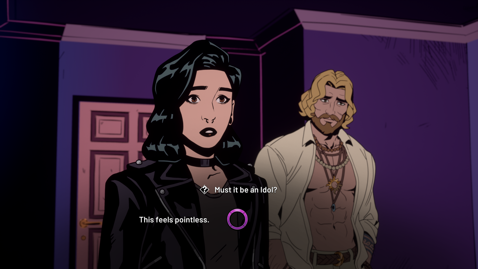 Grace is facing the camera, with Apollo to her right. Two dialogue options are available. At the top, one with a question mark reads “Must it be an Idol?” and to the left it reads “This feels pointless.”