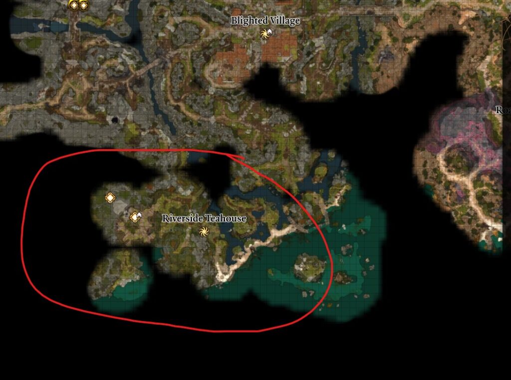 Baldur's Gate 3 screenshot of the Act 1 map with the Riverside Teahouse area circled in red