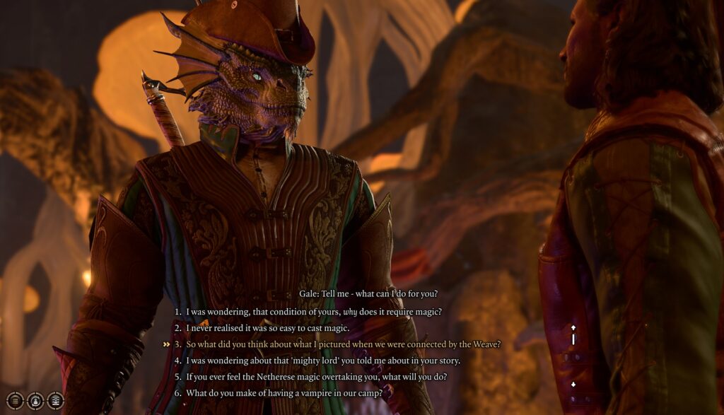 Baldur's Gate 3 screenshot of Tav the dragonborn talking to Gale with the "So what did you think about what I pictured when we were connected by the Weave" dialogue option highlighted