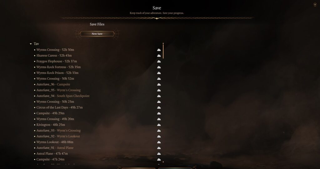 Screenshot of Baldur's Gate 3 save menu with tons of saves